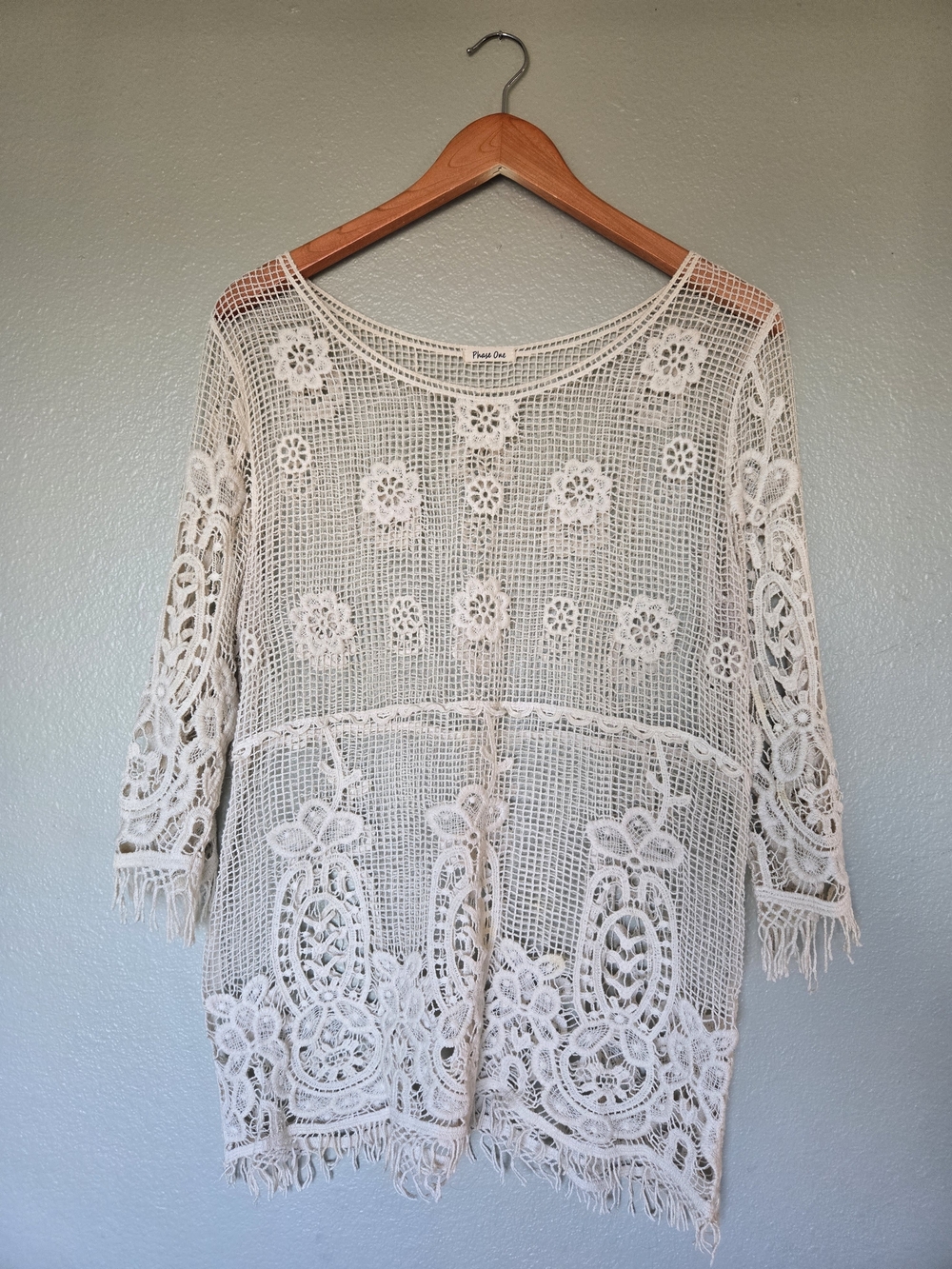 Crochet Tunic Top in Cream, 3/4 Sleeve, Boho, Festival, Country Cowgirl, Beach